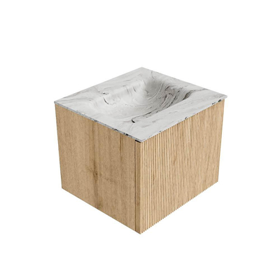 MONDIAZ KURVE-DLUX Meuble de salle de bains 50 cm couleur Oak avec 1 tiroir. Lavabo GRUNNE central sans trou de robinet couleur Glace.