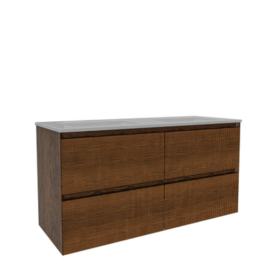 Saniclass Holz Atelier Meuble de salle de bain - 120x45x60cm - lavabo en céramique blanc - 2 vasques - 2 trous de robinet - 2 tiroirs - Walnut pure