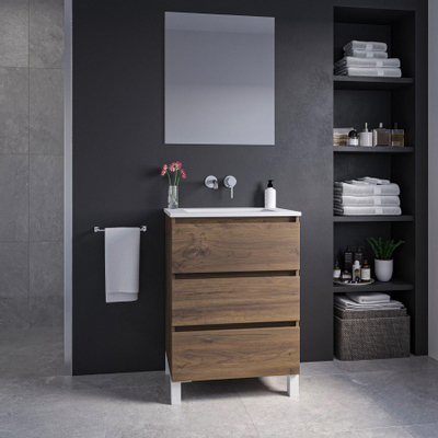 Adema Chaci PLUS Ensemble de meuble - 59.5x86x45.9cm - 1 vasque Blanc - robinets encastrables Inox - 3 tiroirs - miroir rectangulaire - Noyer (bois)