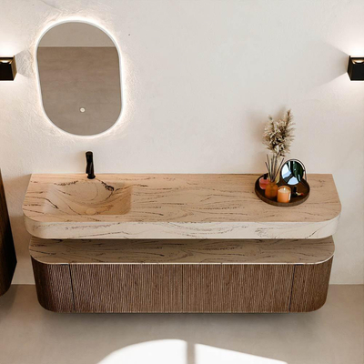 MONDIAZ THOR-DLUX 180cm meuble de salle de bains arrondi gauche + droite couleur Walnut avec 2 tiroirs et 2 portes. Vasque suspendue CLOUD Gauche 1 trou de robinet couleur Arena.