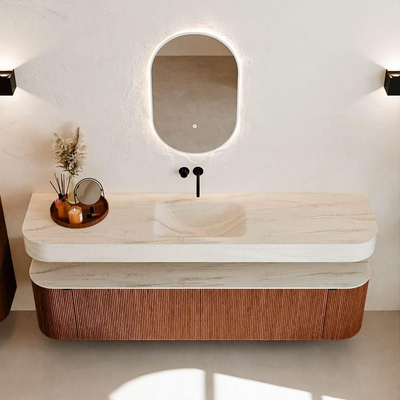 MONDIAZ THOR-DLUX 190cm meuble de salle de bains arrondi gauche + droite couleur Ruby avec 2 tiroirs et 2 portes. Vasque suspendue CLOUD Centre sans trou de robinet couleur Meli.