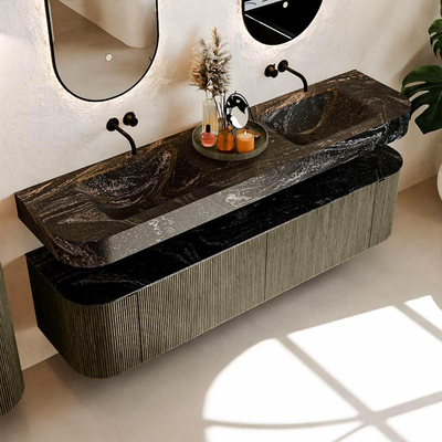 MONDIAZ THOR-DLUX 180cm meuble de salle de bains arrondi gauche + droite couleur Shadow avec 2 tiroirs et 2 portes. Vasque suspendue CLOUD Double sans trou de robinet couleur Lava.