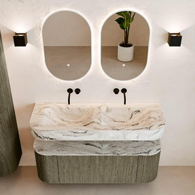 MONDIAZ THOR-DLUX 130cm meuble de salle de bains arrondi gauche + droite couleur Shadow avec 1 tiroir et 2 portes. Vasque suspendue CLOUD Double sans trou de robinet couleur Glace.