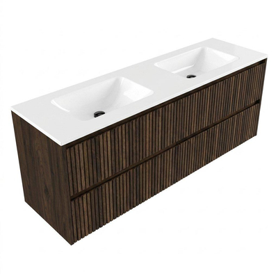Saniclass Holz Atelier Ensemble de meuble de salle de bains - 160x45x77.5cm - lavabo Torino en solid surface blanc - sans trou de robinetterie - 4 tiroirs - chêne charcoal mat (bois)