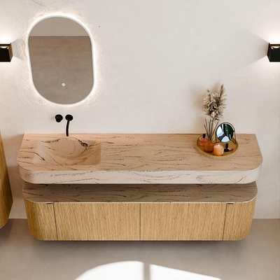 MONDIAZ THOR-DLUX 180cm badmeubel ronding links + rechts kleur Oak met 2 lades en 2 deuren. Vrijhangende wastafel CLOUD Links zonder kraangat kleur Arena.