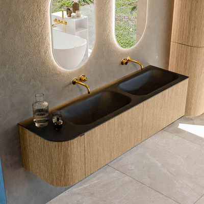 MONDIAZ KURVE 165cm badmeubel met module 25 L kleur Oak met 2 lades en 1 deur. Wastafel BIG SMALL dubbel / rechts zonder kraangat Urban.