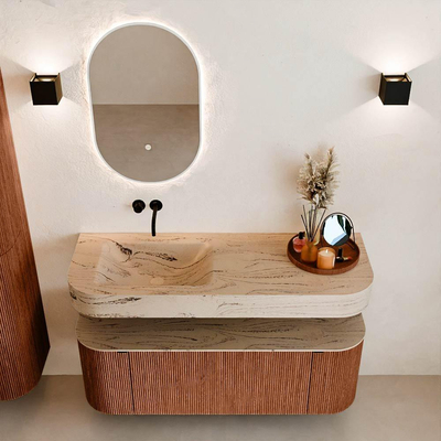 MONDIAZ THOR-DLUX 130cm meuble de salle de bains arrondi gauche + droite couleur Ruby avec 1 tiroir et 2 portes. Vasque suspendue CLOUD Gauche sans trou de robinet couleur Arena.