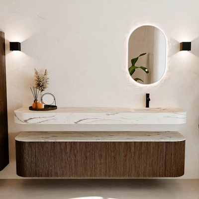 MONDIAZ THOR-DLUX 190cm badmeubel ronding links + rechts kleur Walnut met 2 lades en 2 deuren. Vrijhangende wastafel CLOUD Rechts 1 kraangat kleur Nata.