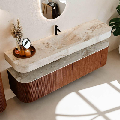 MONDIAZ THOR-DLUX 180cm meuble de salle de bains arrondi gauche + droite couleur Ruby avec 2 tiroirs et 2 portes. Vasque suspendue CLOUD Milieu 1 trou de robinet couleur Frappe.