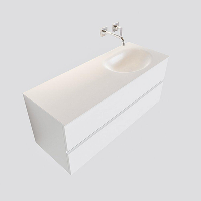 ENSEMBLE DE MEUBLE MONDIAZ VICA - 120cm - 2 tiroirs - lavabo Moon à droite - 0 trous de robinet - solid surface talc