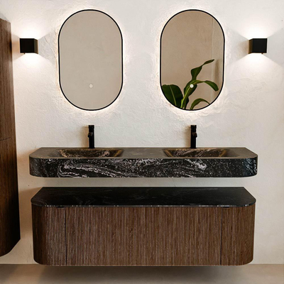 MONDIAZ THOR-DLUX 150cm badmeubel ronding links + rechts kleur Walnut met 1 lade en 2 deuren. Vrijhangende wastafel CLOUD Dubbel 2 kraangaten kleur Lava.