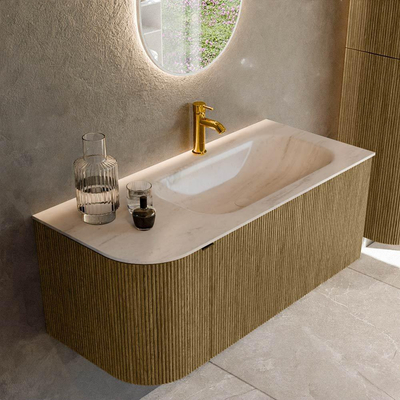 MONDIAZ KURVE-DLUX 105cm badmeubel ronding Links kleur Dusk met 1 lade en 1 deur. Wastafel BIG SMALL Rechts 1 kraangat Meli.