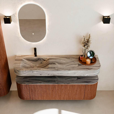 MONDIAZ THOR-DLUX 150cm meuble de salle de bains arrondi gauche + droite couleur Ruby avec 1 tiroir et 2 portes. Vasque suspendue CLOUD Gauche 1 trou de robinet couleur Sombra.