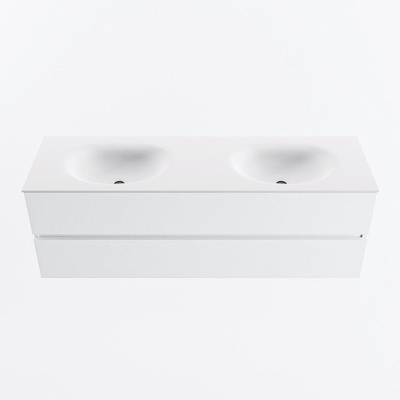 MONDIAZ VICA meuble sous lavabo 150cm Talc 2 tiroirs. Lavabo MOON double sans trou de robinet, couleur Talc.