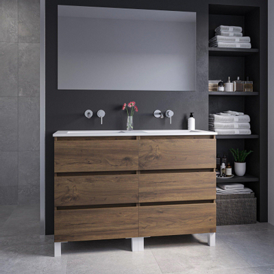 Saniclass Chaci PLUS Meuble de salle de bain - 120x86x46cm - lavabo en céramique blanc - 2 vasques - sans trous de robinet - 6 tiroirs - miroir rectangulaire - noyer (hout)