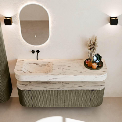 MONDIAZ THOR-DLUX 150cm meuble de salle de bains arrondi gauche + droite couleur Shadow avec 1 tiroir et 2 portes. Vasque suspendue CLOUD Gauche sans trou de robinet couleur Nata.