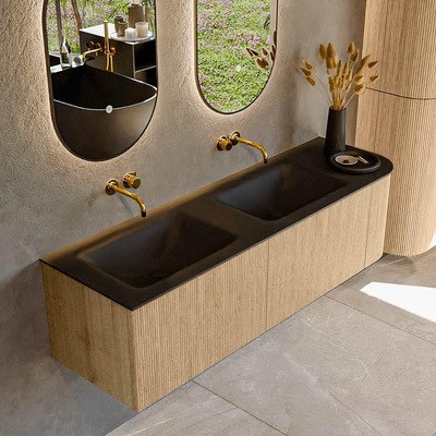 MONDIAZ KURVE 155cm Meuble salle de bain avec module 25 D - couleur Oak - 2 tiroirs - 1 porte - vasque CLOUD double / gauche - sans trous de robinet - Urban