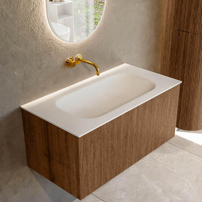 MONDIAZ KURVE 90cm Meuble salle de bain - couleur Walnut - 1 tiroir - vasque BIG SMALL centre - sans trous de robinet - Talc