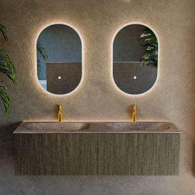 MONDIAZ KURVE-DLUX Meuble de salle de bains 150 cm couleur Shadow avec 2 tiroirs et 0 portes. Lavabo STOR SMALL Double 2 trous de robinet Oza.