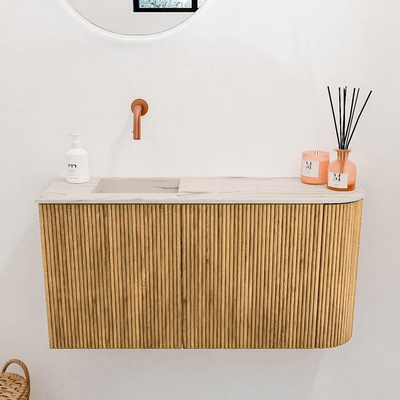 Mondiaz JOYA-DLUX 81.6cm toiletmeubel - ronding rechts kleur Oak - Wastafel FAYE positie Links Zonder kraangat kleur Nata.