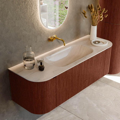 MONDIAZ KURVE-DLUX 140cm badmeubel ronding Links + Rechts kleur Ruby met 1 lade en 2 deuren. Wastafel BIG SMALL Midden zonder kraangat Meli.
