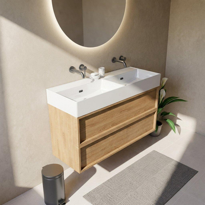 Saniclass Holz Frame Ensemble de meubles de salle de bains - 120x45x72cm - Legend lavabo en céramique blanc - 2 vasques - sans trous de robinetterie - 2 tiroirs - chêne natural mat (bois)