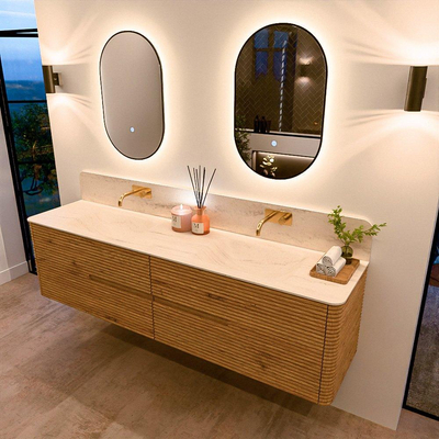 Mondiaz CIRO-DLUX Badkamermeubelset - 190x45x50cm - Solid surface wastafel Meli - 2 wasbak Dubbel - zonder kraangaten - 4 lades - Oak