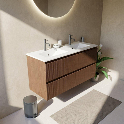 Saniclass Holz Atelier Ensemble de meubles de salle de bains - 120x45x62cm - lavabo Vygo en céramique blanc - 2 vasques - 2 trous de robinetterie - 2 tiroirs - mat walnut pure (bois)