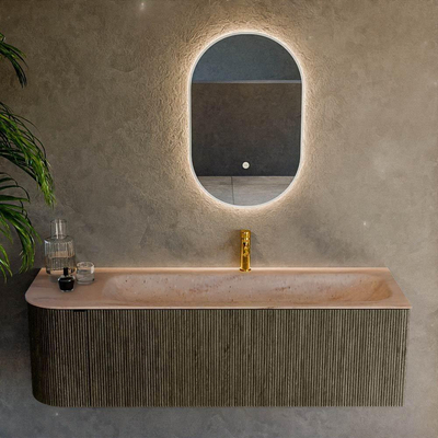 MONDIAZ KURVE-DLUX Meuble de salle de bains 145cm arrondi à gauche couleur Shadow avec 1 tiroir et 1 porte. Lavabo BIG LARGE à droite 1 trou de robinet Saba.