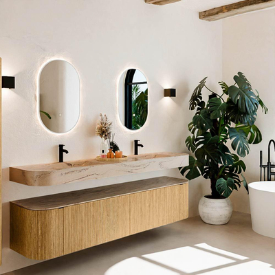 MONDIAZ THOR-DLUX 200cm meuble de salle de bains arrondi gauche + droite couleur Chêne avec 2 tiroirs et 2 portes. Vasque suspendue CLOUD Double 2 trous de robinet couleur Arène.