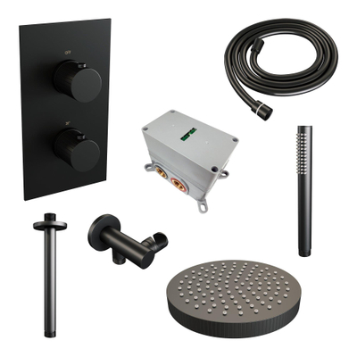 BRAUER Stripe Thermostatische Inbouw Regendouche - 3-weg - rechthoekig - SET 15 - 25cm douchekop - plafondarm - staaf handdouche - doucheslang - wandaansluitbocht - mat zwart