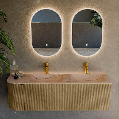 MONDIAZ KURVE-DLUX Meuble de salle de bains 145 cm arrondi à gauche couleur Dusk avec 1 tiroir et 1 porte. Lavabo LEAF Double / Droite 2 trous de robinet Arena.