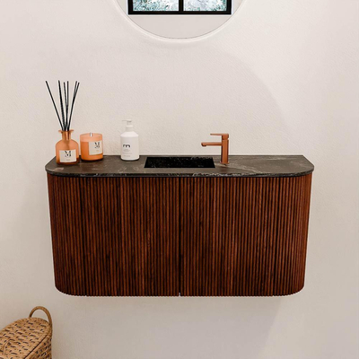 Mondiaz JOYA-DLUX 83.2cm toiletmeubel - ronding links en rechts kleur Ruby - Wastafel FAYE positie Midden 1 kraangat kleur Lava.