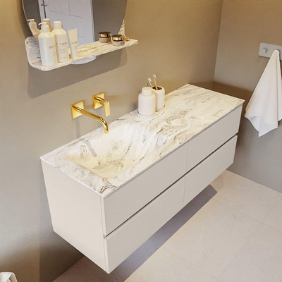 Mondiaz VICA-DLUX ensemble de meuble de salle de bain - 130cm - meuble sous-vasque lin - 4 tiroirs - lavabo encastrée nuage gauche - sans trous de robinet - version haute de 60cm - glace