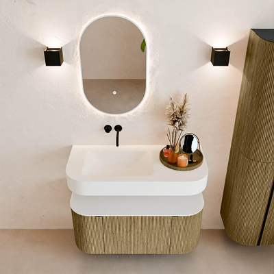 MONDIAZ THOR 100cm meuble de salle de bains arrondi gauche + droite couleur Dusk avec 1 tiroir et 2 portes. Vasque suspendue CLOUD gauche sans trou de robinet couleur Talc.