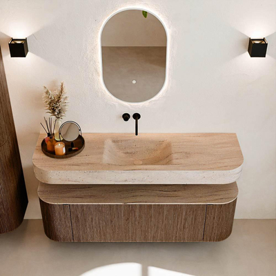 MONDIAZ THOR-DLUX 150cm badmeubel ronding links + rechts kleur Walnut met 1 lade en 2 deuren. Vrijhangende wastafel CLOUD Midden zonder kraangat kleur Saba.