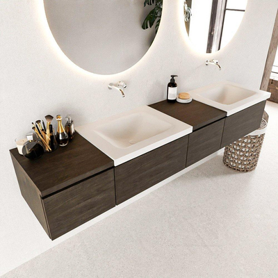 MONDIAZ BUKLA 200cm ensemble de meuble avec module 40 à droite couleur Marron Foncé avec 4 tiroirs. Lavabo CLOUD double 0 trou de robinet couleur Talc.