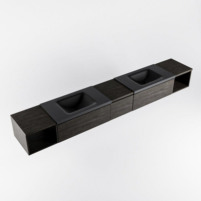 MONDIAZ BUKLA 280cm ensemble de meuble avec module ouvert 40 L+R couleur Marron Foncé avec 3 tiroirs. Lavabo CLOUD double 2 trous de robinet couleur Urban.