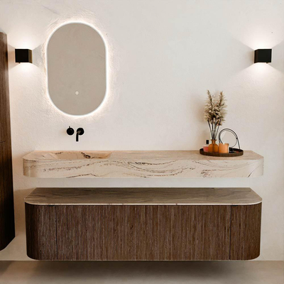 MONDIAZ THOR-DLUX 170cm badmeubel ronding links + rechts kleur Walnut met 1 lade en 2 deuren. Vrijhangende wastafel CLOUD Links zonder kraangat kleur Arena.