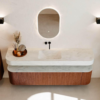 MONDIAZ THOR-DLUX 190cm meuble de salle de bains arrondi gauche + droite couleur Ruby avec 2 tiroirs et 2 portes. Vasque suspendue CLOUD Milieu sans trou de robinet couleur Opalo.