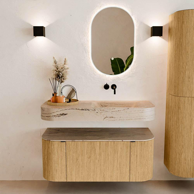 MONDIAZ THOR-DLUX 110cm meuble de salle de bains arrondi gauche + droite couleur Chêne avec 1 tiroir et 2 portes. Vasque suspendue CLOUD Droite sans trou de robinet couleur Arena.