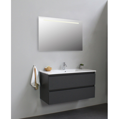 Basic Bella Meuble salle de bains avec lavabo céramique avec miroir et éclairage Blanc 100x55x46cm 1 trou de robinet Anthracite mat
