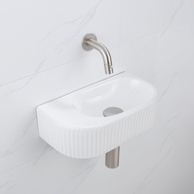 QeramiQ Fuente pack lave-mains – demi-rond – 40 x 21,5 x 12 cm – robinet inox brossé – cannelé