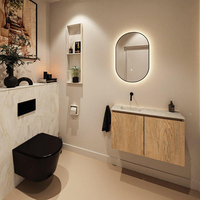 MONDIAZ TURE-DLUX Meuble toilette - 80cm - Washed Oak - EDEN - vasque Ostra - position gauche - sans trou de robinet