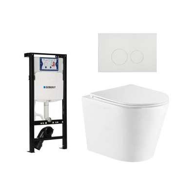 QeramiQ Dely Toiletset - 36.3x51.7cm - diepspoel - rimless - Inbouwreservoir met Geberit UP320 spoelmechanisme - softclose toiletzitting - mat witte bedieningsplaat - ronde knoppen - mat wit
