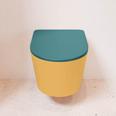 Mondiaz LAVIE hangtoilet – spoelrandloos – 36 x 53 cm – met softclose zitting – Ocher (geel), zitting Smag (groen)