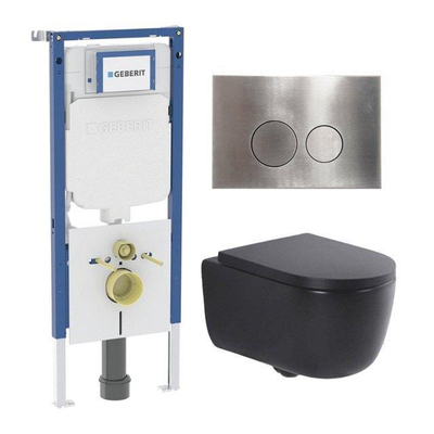QeramiQ Dely Swirl Pack WC - 36,3x51,7cm - réservoir encastré Geberit UP720 Duofix Sigma - assise 35mm - plaque de déclenchement en acier - boutons ronds - noir mat