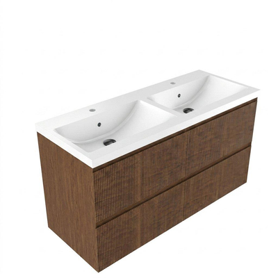Saniclass Holz Atelier Ensemble de meubles de salle de bains - 120x45x63.5cm - lavabo Bari en céramique blanc - 2 vasques - 2 trous de robinetterie - 2 tiroirs - noyer pure mat (bois)