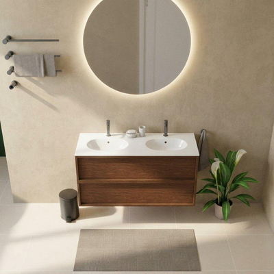 Saniclass Holz Frame Ensemble meuble de salle de bains - 120x45x74cm - lavabo Chaci en céramique blanc - 2 vasques - 2 trous de robinetterie - 2 tiroirs - walnut pure mat (bois)