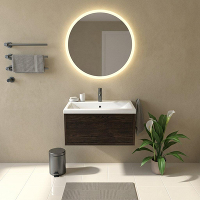 Saniclass Holz Frame Ensemble meuble de salle de bains - 80x45x43.5cm - Bari lavabo en céramique blanc - 1 vasque - 1 trou de robinetterie - 1 tiroir - chêne charcoal mat (bois)